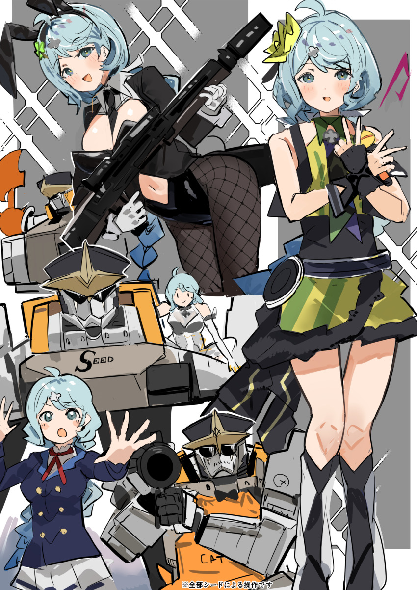 1girl 1other ade_(agent_bunny)_(nikke) ade_(nikke) bare_shoulders black_shirt black_suit blue_eyes blue_hair blush bow bowtie commentary_request cosplay_request detached_sleeves formal_clothes gloves goddess_of_victory:_nikke hair_ornament hairpin hat highres holding holding_weapon humanoid_robot kaname_buccaneer macross macross_delta mecha mechanical_arms multiple_views navel open_mouth playboy_bunny robot rocket_launcher seed_(zenless_zone_zero) seed_sr. shirt skirt suit sunglasses the_olphy voice_actor_connection weapon white_gloves white_skirt yasuno_kiyono zenless_zone_zero