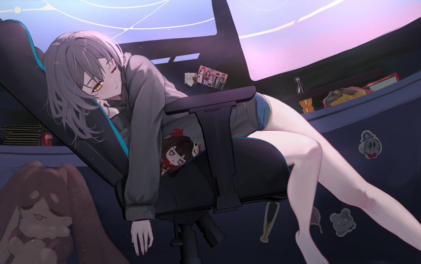 1girl absurdres alternate_costume bare_legs barefoot blue_shorts character_doll clockie_(honkai:_star_rail) closed_mouth commentary_request dan_heng_(honkai:_star_rail) dan_heng_(hunt)_(honkai:_star_rail) grey_hair grey_hoodie highres himeko_(honkai:_star_rail) honkai:_star_rail honkai_(series) hood hoodie indoors legs march_7th_(honkai:_star_rail) march_7th_(nascent_spring)_(honkai:_star_rail) medium_hair on_chair one_eye_closed partial_commentary peppy_(honkai:_star_rail) sazanami_(re_n_rentaro) shorts sitting sitting_sideways sleepy solo soulglad sparkle_(doll)_(honkai:_star_rail) stelle_(honkai:_star_rail) sticker trailblazer_(honkai:_star_rail) welt_yang wubbaboo_(honkai:_star_rail) yellow_eyes