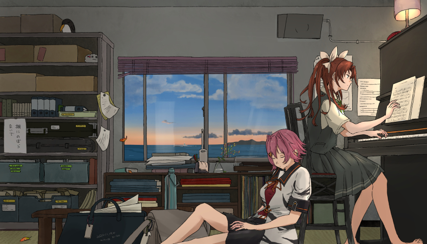 bag barefoot black_sailor_collar boat book bottle box breasts chair closed_eyes closed_mouth cloud commission evening failure_penguin green_ribbon grey_skirt grey_vest hair_ornament hair_ribbon highres indoors instrument jewelry kagerou_(kancolle) kagerou_kai_ni_(kancolle) kantai_collection kuragare lamp leaf miss_cloud multiple_girls music neck_ribbon paper piano pink_hair playing_instrument playing_piano ribbon ring sailor_collar sheet_music shelf shirt short_hair short_sleeves sitting skeb_commission skirt sky tama_(kancolle) tama_kai_ni_(kancolle) twintails vest water watercraft wedding_ring white_ribbon white_shirt window