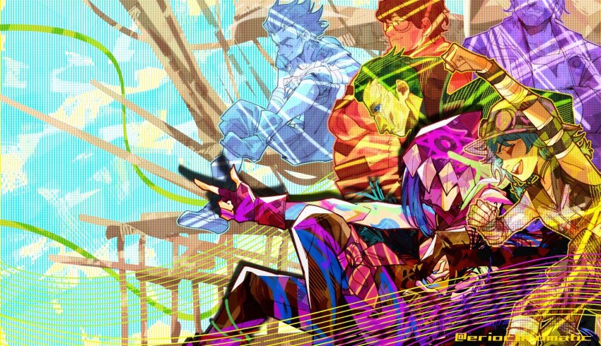 2girls 4boys arcane:_league_of_legends arcane_jinx arm_up artist_name beard black_hair black_sclera blue_hair brown_hair claggor_(arcane) clenched_hand closed_eyes colored_sclera commentary english_commentary eriochromatic facial_hair fingerless_gloves gloves goggles goggles_on_headwear heterochromia highres hood hood_up isha_(arcane) jinx_(league_of_legends) league_of_legends looking_to_the_side multiple_boys multiple_girls mylo_(arcane) open_mouth pointing pointing_to_the_side scar scar_across_eye scar_on_face silco_(arcane) smile twitter_username vander_(arcane)