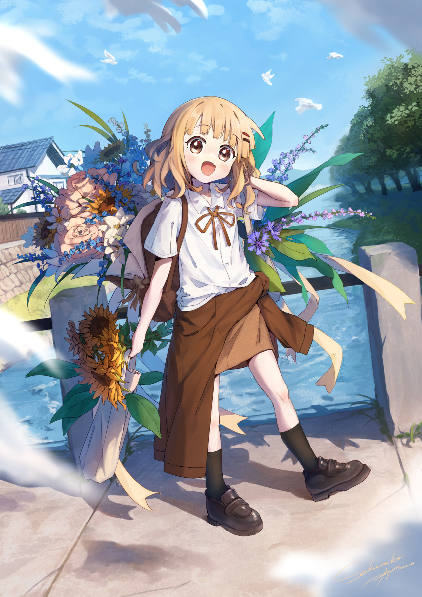 absurdres ap04astral backpack bag bird black_footwear black_socks blue_flower blue_sky blush bouquet bridge brown_bag brown_eyes brown_jacket brown_ribbon brown_skirt chinese_commentary clothes_around_waist collared_shirt commentary cornflower dove fang flower flower_wrapper flying full_body grass hair_ornament hairclip handrail highres holding holding_bag house jacket jacket_around_waist light_brown_hair lily_(flower) loafers mixed-language_commentary neck_ribbon oomuro-ke oomuro_sakurako open_bag open_mouth orange_flower outdoors paper_bag parallel_hairclips pink_flower purple_flower ribbon river riverbank shirt shoes short_sleeves skirt sky smile socks standing sunflower tree walking wavy_hair white_flower white_shirt yuruyuri