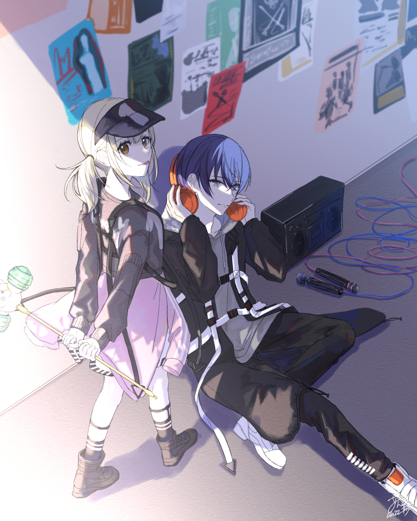 1boy 1girl absurdres anzu_(moon_1014) aoyagi_touya azusawa_kohane black_footwear black_pants blonde_hair brown_eyes closed_mouth clothes_around_waist commentary_request dark_blue_moon drawstring full_body grey_eyes grey_hoodie hammer headphones highres holding holding_hammer holding_headphones hood hoodie jacket jacket_around_waist long_sleeves microphone multicolored_hair pants partial_commentary poster_(object) project_sekai radio short_hair short_twintails signature sitting split-color_hair standing tongue tongue_out twintails two-tone_hair white_footwear wire