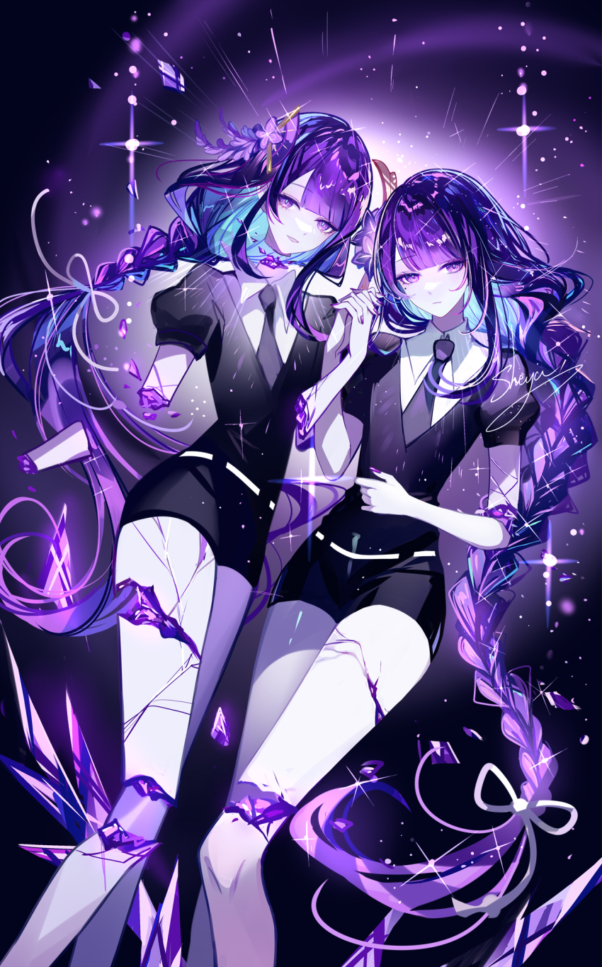 2girls bare_legs black_necktie blunt_bangs gem_uniform_(houseki_no_kuni) genshin_impact highres holding_hands houseki_no_kuni long_braid long_hair looking_at_viewer makoto_(genshin_impact) mole mole_under_eye multiple_girls nail_polish necktie puffy_short_sleeves puffy_sleeves purple_eyes purple_hair purple_nails raiden_shogun sheya short_sleeves siblings sisters very_long_hair