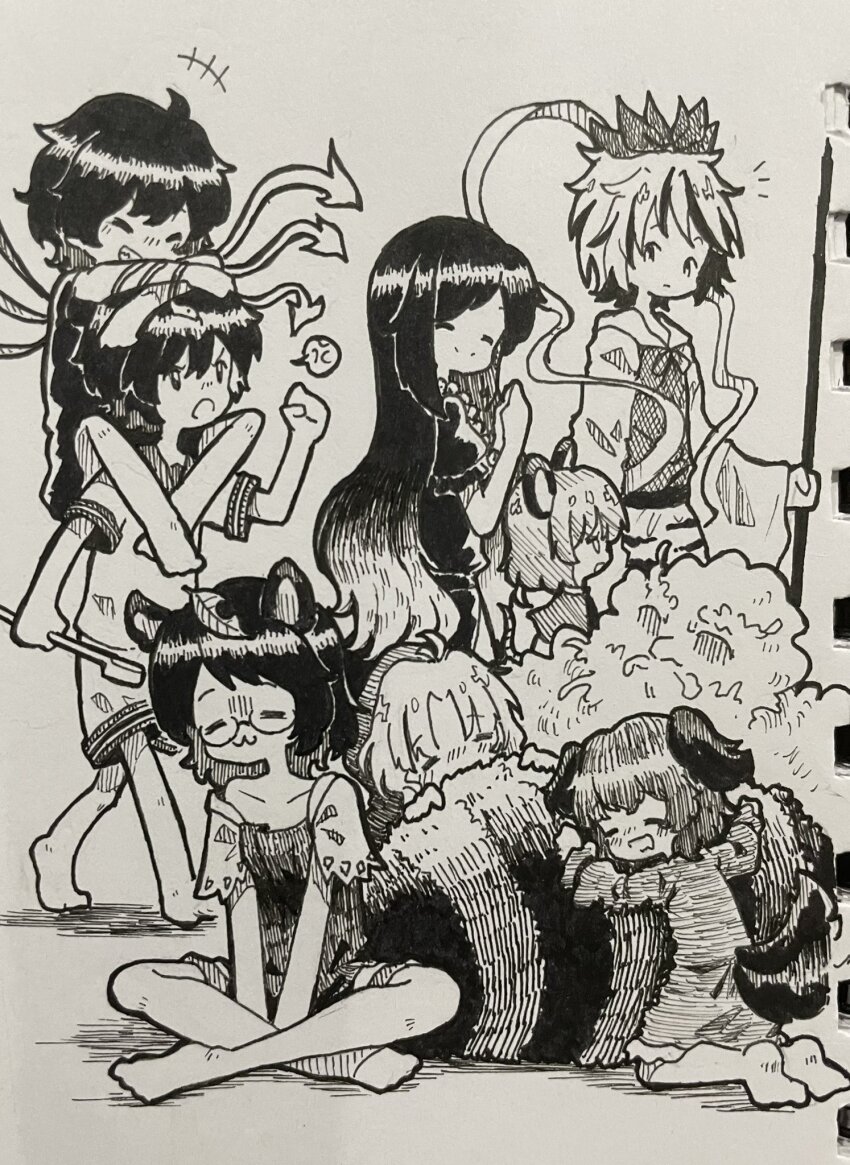 +++ 6+girls :3 anger_vein animal_ears animal_print asymmetrical_wings barefoot bishamonten&#039;s_spear capelet closed_eyes closed_mouth dog_ears dog_girl dog_tail dress futatsuiwa_mamizou glasses gradient_hair greyscale grin hagoromo highres hijiri_byakuren holding holding_polearm holding_weapon houjuu_nue kasodani_kyouko kumoi_ichirin leaf leaf_on_head long_hair monochrome mouse_ears mouse_girl mouse_tail multicolored_hair multiple_girls murasa_minamitsu nazrin open_mouth photo_(medium) polearm raccoon_ears raccoon_girl raccoon_tail shawl shirt short_hair shorts sitting sitting_on_shoulder smile spoken_anger_vein streaked_hair suteruko tail tail_wagging tiger_print toramaru_shou touhou traditional_media very_long_hair weapon wings