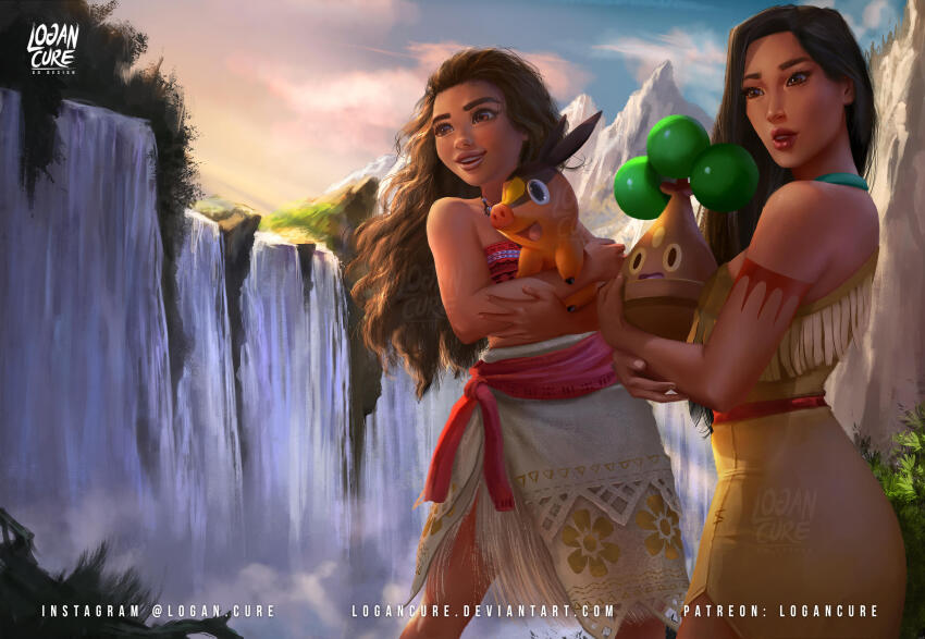 2girls artist_name black_hair bonsly brown_dress brown_eyes crossover dark-skinned_female dark_skin day deviantart_username dress game_freak gen_4_pokemon gen_5_pokemon highres holding holding_pokemon instagram_username logan_cure logo long_hair moana_(movie) moana_waialiki multiple_girls nintendo outdoors patreon_username pocahontas_(disney) pocahontas_(movie) pokemon pokemon_(creature) tepig water waterfall watermark web_address