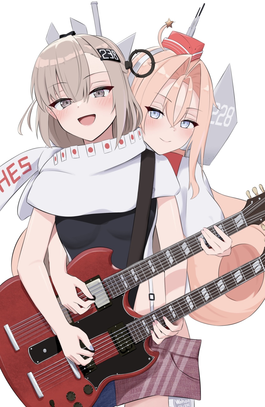 2girls absurdres american_flag american_flag_print american_flag_skirt black_one-piece_swimsuit blue_eyes blue_nails breasts denim denim_skirt drum_(kancolle) electric_guitar flag_print garrison_cap grey_eyes grey_hair guitar hair_between_eyes hair_rings hat head_on_another&#039;s_shoulder headgear highleg highleg_one-piece_swimsuit highres holding holding_instrument instrument japanese_flag kantai_collection kill_markings l_meet long_hair looking_at_viewer medium_breasts multiple_girls one-piece_swimsuit open_mouth orange_hair print_skirt red_hat red_nails scarf skirt smile star_ornament super_highleg swimsuit two-tone_one-piece_swimsuit very_long_hair wahoo_(kancolle) white_one-piece_swimsuit white_scarf