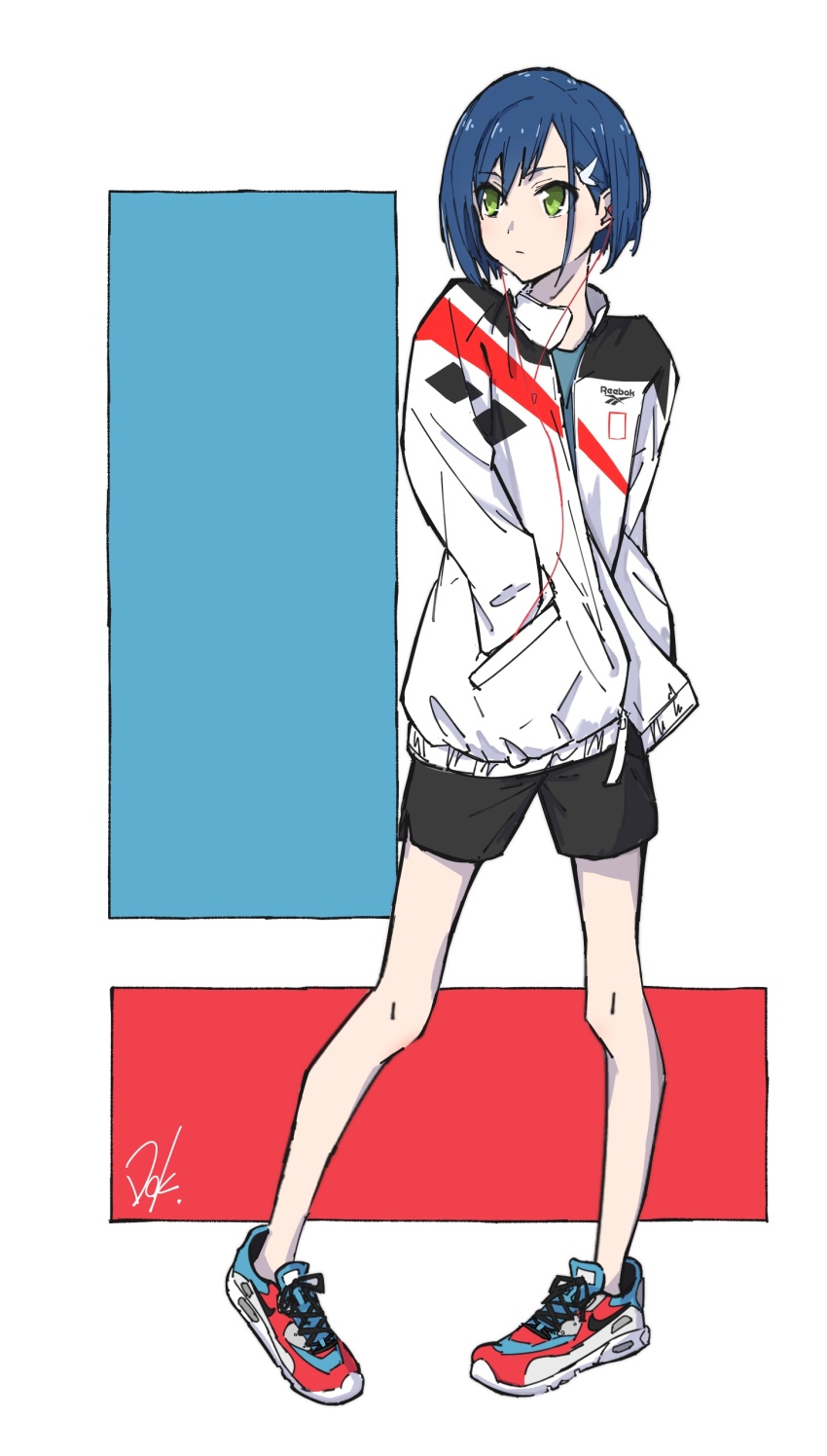 1girl absurdres artist_name black_jacket black_shorts blue_background blue_hair blue_shirt blue_shoes bob_cut closed_mouth commentary darling_in_the_franxx dokkoisho_pxv earbuds earphones expressionless full_body green_eyes hands_in_pockets highres ichigo_(darling_in_the_franxx) jacket long_sleeves looking_afar looking_to_the_side multicolored_jacket no_socks open_clothes open_jacket pigeon-toed red_background red_jacket red_shoes reebok shirt shoes short_hair shorts signature sneakers solo standing swept_bangs white_background white_jacket white_shoes zipper_pull_tab