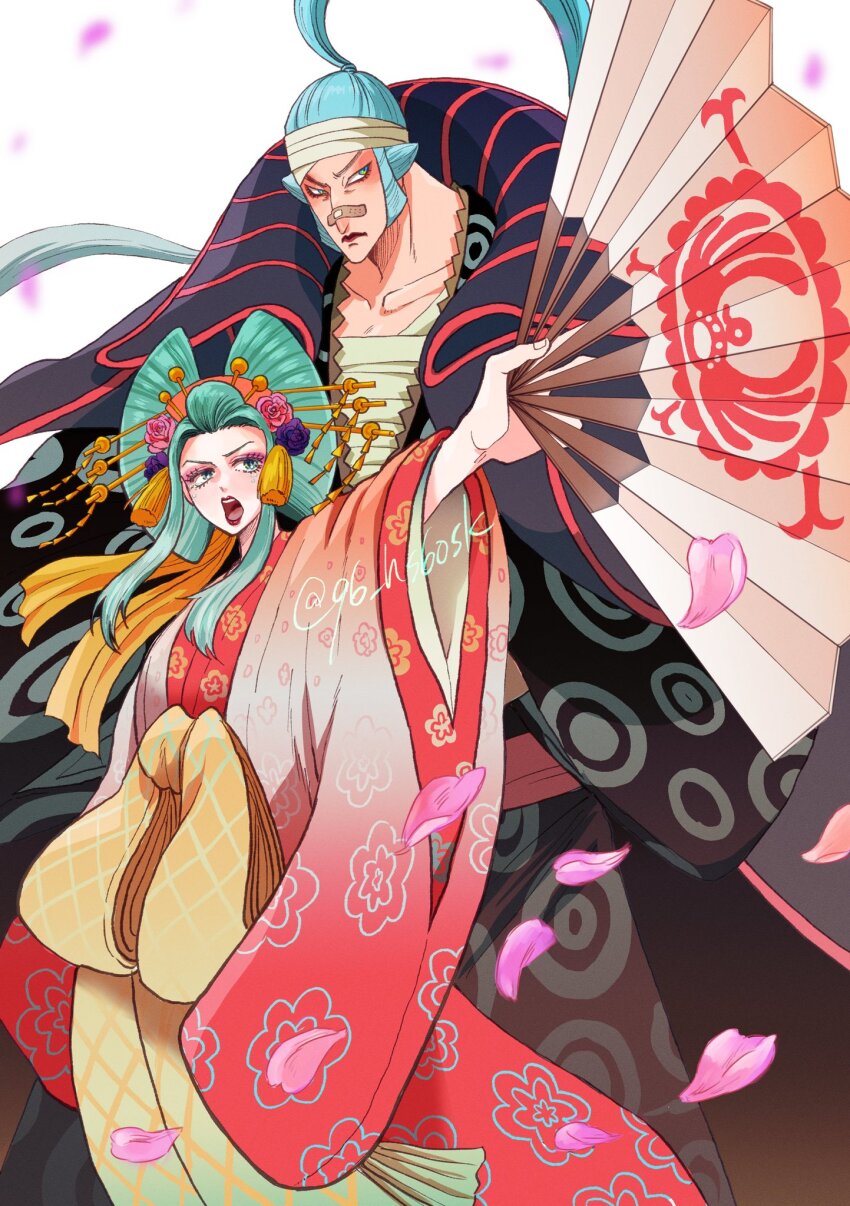 1boy 1girl 96_hs60sk aqua_hair bandaged_head bandages bandaid bandaid_on_face bandaid_on_nose commentary_request datehyogo denjirou_(one_piece) falling_petals hair_ornament hand_fan highres holding holding_fan japanese_clothes kimono kouzuki_hiyori making-of_available nihongami obi oiran one_piece petals pink_petals sash sideburns sidelocks simple_background twitter_username white_background