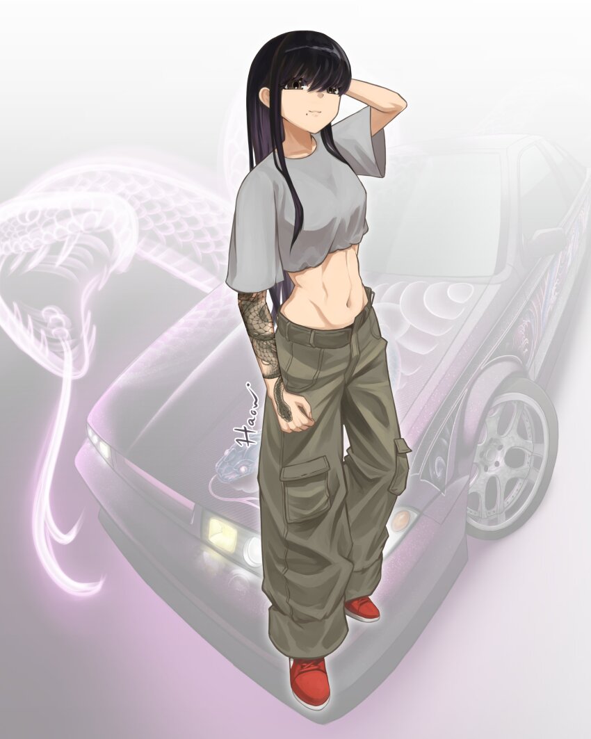 1girl absurdres arm_at_side arm_behind_head arm_tattoo arm_up artist_name black_hair blush breasts brown_eyes brown_pants car cargo_pants colored_inner_hair commentary crop_top cropped_shirt english_commentary fisheye full_body glowing grey_background grey_shirt hair_behind_ear haow highres long_bangs long_hair looking_at_viewer medium_breasts midriff mole mole_under_mouth motor_vehicle multicolored_hair navel nissan nissan_cefiro orange_shoes original pants puma_(brand) purple_hair red_shoes shirt shizuku_inoue_(haow) shoes short_sleeves sidelocks smile sneakers solo standing stomach tattoo very_long_hair