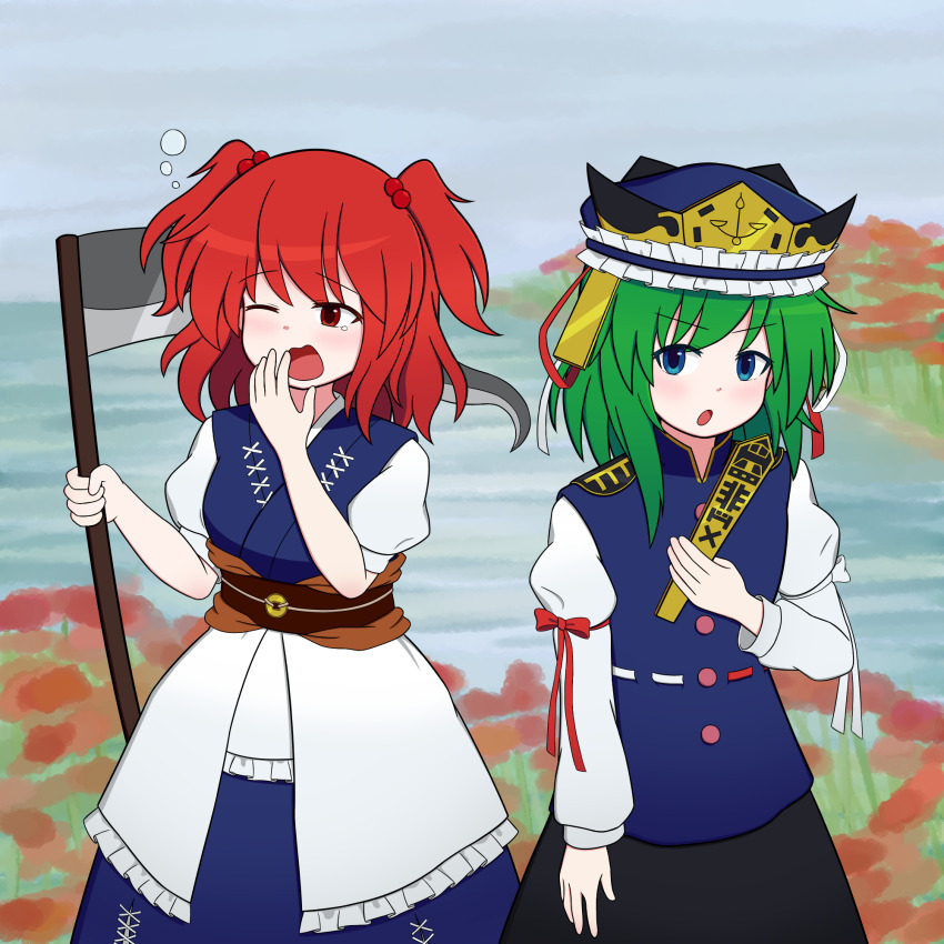 2girls ;o asymmetrical_hair black_skirt blue_dress blue_hat blue_vest commentary_request dress gralpth green_eyes green_hair hair_bobbles hair_ornament hat highres holding holding_scythe juliet_sleeves long_sleeves looking_at_viewer mountainous_horizon multiple_girls obi one_eye_closed onozuka_komachi open_mouth outdoors puffy_sleeves red_eyes red_hair rod_of_remorse sash scythe shiki_eiki short_sleeves skirt touhou two_side_up vest