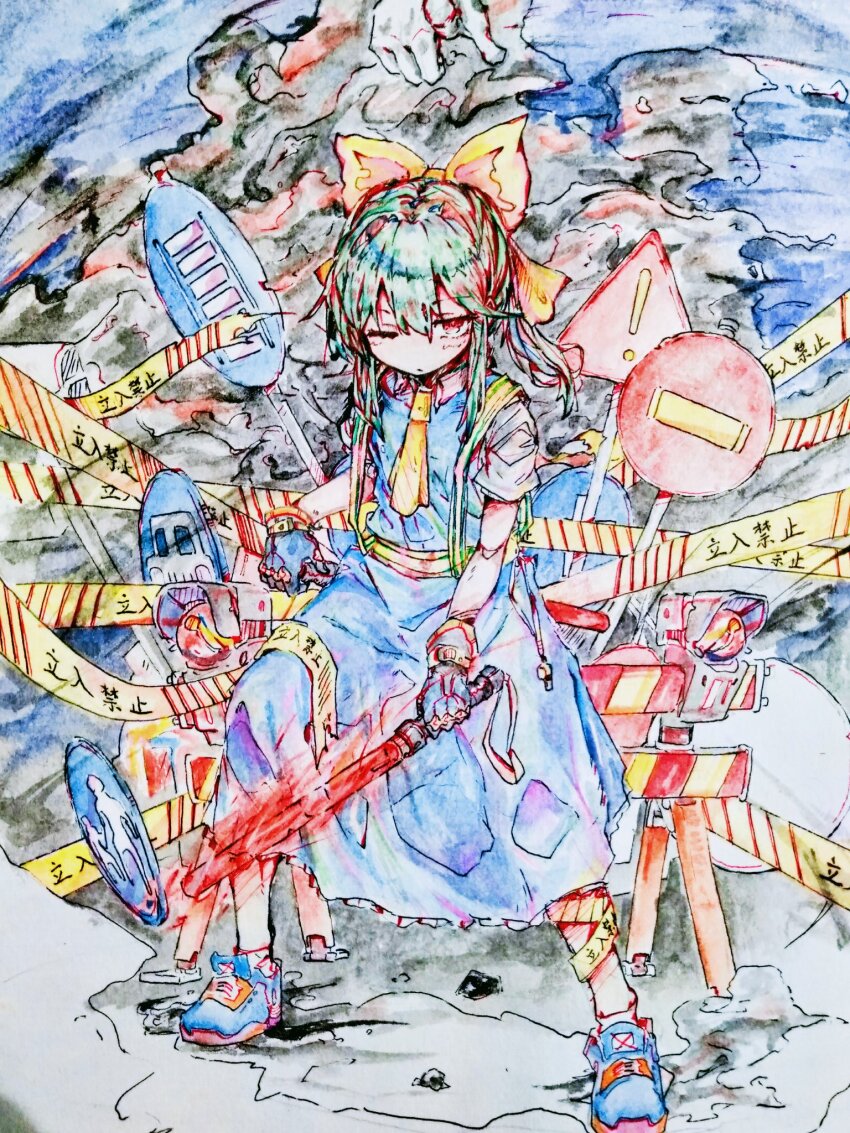 1girl ascot blue_dress blue_gloves blue_shoes bow caution_tape closed_mouth collared_shirt commentary cookie_(touhou) daiyousei diyusi_(cookie) dress expressionless flat_chest full_body gloves green_hair hair_between_eyes hair_bow high-visibility_clothing high-visibility_vest highres holding long_bangs long_hair looking_at_viewer motor_vehicles_only_sign no_entry_sign one_eye_closed pedestrians_only_sign pinafore_dress re@pper red_eyes road_sign shirt shoes short_sleeves sidelocks sign sleeveless sleeveless_dress smoke solo standing touhou traffic_baton warning_sign white_shirt yellow_ascot yellow_bow