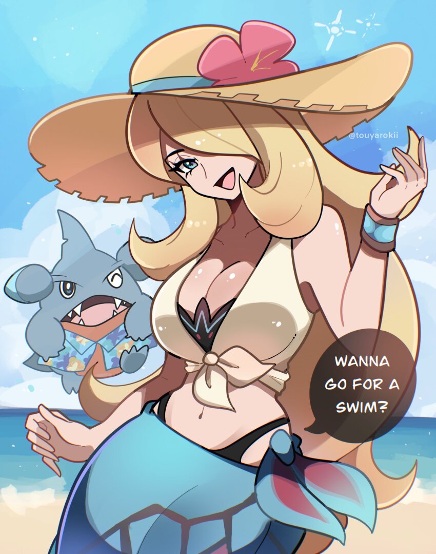 1girl beach bikini bikini_under_clothes black_bikini blonde_hair blue_sarong blue_sky breasts brown_hat cleavage crop_top cynthia_(pokemon) cynthia_(summer_2025)_(pokemon) flower flower_hat gen_4_pokemon gible grey_eyes hair_over_one_eye hat hat_flower hawaiian_shirt highres large_breasts long_hair navel nintendo official_alternate_costume open_mouth outdoors pokemon pokemon_(creature) pokemon_masters_ex sarong shiny_skin shirt sky smile straw_hat sun_hat swimsuit tied_shirt touyarokii very_long_hair water