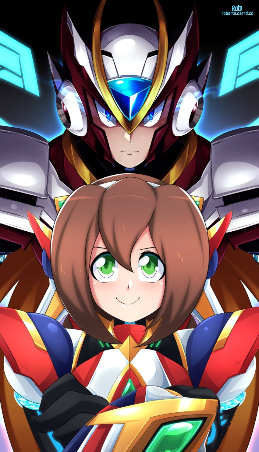 1boy 1girl absurdres armor axasempai blue_eyes blue_wings brown_hair crossed_arms dive_armor_iris_(mega_man) energy_wings forehead_jewel glowing glowing_eyes green_eyes helmet highres iris_(mega_man) looking_at_viewer mega_man_(series) mega_man_x_(series) mega_man_x_dive red_armor red_helmet smile smug upper_body wings zero_(mega_man)