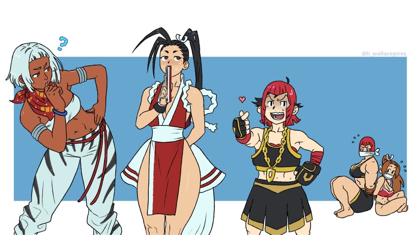 5girls ? antenna_hair arm_behind_back armlet arms_behind_back back-to-back bad_tag black_hair black_sports_bra blue_eyes borrowed_clothes bound bound_arms breasts brown_eyes chain chain_necklace cloth_gag commentary confused cosplay crossover dark-skinned_female dark_skin earrings elena_(street_fighter) english_commentary fatal_fury finger_heart fingerless_gloves folding_fan gag gagged gloves gold_chain grey_hair hand_fan height_difference high_ponytail highres ibuki_(street_fighter) improvised_gag in-franchise_crossover jewelry large_breasts long_hair makoto_(street_fighter) marisa_(street_fighter) marisa_(street_fighter)_(cosplay) medium_breasts mma_gloves multiple_girls neckerchief necklace nervous_sweating ninja oversized_clothes pelvic_curtain ponytail red_hair red_neckerchief rope shiranui_mai shiranui_mai_(cosplay) short_hair sports_bra strapless street_fighter street_fighter_6 street_fighter_iii_(series) sweat thick_thighs thighs tied_up_(nonsexual) trait_connection tube_top underwear underwear_only wallace_pires white_tube_top wig