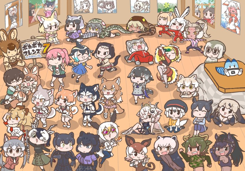 1boy 6+girls :&lt; :3 ;) ^_^ alpine_marmot_(kemono_friends) animal_ears antelope_ears antelope_horns arctic_hare_(kemono_friends) arm_support arms_behind_back atlantic_puffin_(kemono_friends) aurochs_(kemono_friends) badger_ears bald_eagle_(kemono_friends) beanie bear_ears big_hair bird_girl bird_tail bird_wings biting black_eyes black_hair black_jaguar_(kemono_friends) black_leopard_(kemono_friends) blackbuck_(kemono_friends) blue_eyes bow bowtie breasts bridle brown_bear_(kemono_friends) brown_eyes brown_hair brown_sports_bra brown_thoroughbred_(kemono_friends) captain_(kemono_friends) cat_(kemono_friends) cat_ears cetacean_tail chibi cleavage closed_eyes closed_mouth common_dolphin_(kemono_friends) common_raccoon_(kemono_friends) cow_ears cow_horns crescent crescent_hair_ornament dancing dark-skinned_female dark_skin day dhole_(kemono_friends) dog_(mixed_breed)_(kemono_friends) dog_(shiba_inu)_(kemono_friends) dog_ears dog_girl dog_tail dolphin_girl dorsal_fin dress elbow_gloves elbow_rest empty_eyes everyone expressionless extra_ears fang fangs fennec_(kemono_friends) fins fish_tail fox_ears fox_girl fox_tail fur_collar glasses gloves western_lowland_gorilla_(kemono_friends) greater_bird-of-paradise_(kemono_friends) green_hair grey_hair hair_ornament hair_over_one_eye halftone halftone_background hand_on_own_cheek hand_on_own_face hands_up hat head_fins head_rest head_wings heart heart-shaped_eyewear heterochromia highres hippopotamus_(kemono_friends) hood hood_up hooded_jacket horns horse_ears indian_wolf_(kemono_friends) indoors island_fox_(kemono_friends) jacket jaguar_ears leopard_print japanese_crested_ibis_(kemono_friends) japanese_wolf_(kemono_friends) jitome kemono_friends kemono_friends_3 king_cobra_(kemono_friends) kneeling kotatsu kotobuki_(tiny_life) leaning_back leaning_forward leopard_ears light_brown_hair lion_(kemono_friends) lion_ears long_hair long_sleeves looking_at_another looking_at_viewer lucky_beast_(kemono_friends) lying malayan_tapir_(kemono_friends) medium_hair meerkat_(kemono_friends) meerkat_ears mountain_tapir_(kemono_friends) multicolored_hair multiple_girls nana_(kemono_friends) narwhal_(kemono_friends) necktie official_alternate_costume okapi_(kemono_friends) okapi_ears okapi_tail okinawa_habu_(kemono_friends) on_back on_stomach one_eye_closed open_mouth orange_eyes outstretched_arms ox_ears ox_horns pallas&#039;s_cat_(kemono_friends) pants parted_lips paw_pose photo_(object) pink_hair plains_zebra_(kemono_friends) pointing pointing_at_another polar_bear_(kemono_friends) poster_(object) print_gloves print_skirt purple_hair rabbit_ears raccoon_ears raccoon_girl raccoon_tail red_hair red_jacket red_pants red_track_suit sable_(kemono_friends) shirt shoes short-sleeved_sweater short_sleeves siberian_husky_(kemono_friends) side_ponytail sidelocks sign sitting skirt smile snake_tail southern_tamandua_(kemono_friends) sports_bra spread_arms standing star-shaped_eyewear star_(symbol) steller&#039;s_sea_lion_(kemono_friends) streaked_hair stretching striped_tail sunglasses sweat sweater table tail tamandua_tail tan tapir_ears tibetan_fox_(kemono_friends) tongue tongue_out track_jacket track_pants track_suit tsurime twintails under_kotatsu under_table v v-shaped_eyebrows vest white_hair window wings wolf_ears wolf_girl wolf_tail wolverine_(kemono_friends) wooden_floor yak_(kemono_friends) yellow_eyes yoga zebra_ears