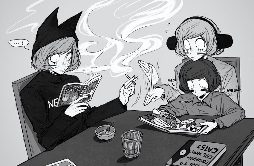 3boys absurdres aged_down animal_ears animal_hat book cat_hat chair child cigarette cigarette_holder english_text facial_mark fake_animal_ears fanning greyscale hat highres holding holding_book holding_cigarette imnotrlup luther_von_ivory male_focus manga_(object) meowing monochrome multiple_boys nyen_(randal&#039;s_friends) nyon_(randal&#039;s_friends) randal&#039;s_friends reading short_hair sitting smoke table whisker_markings