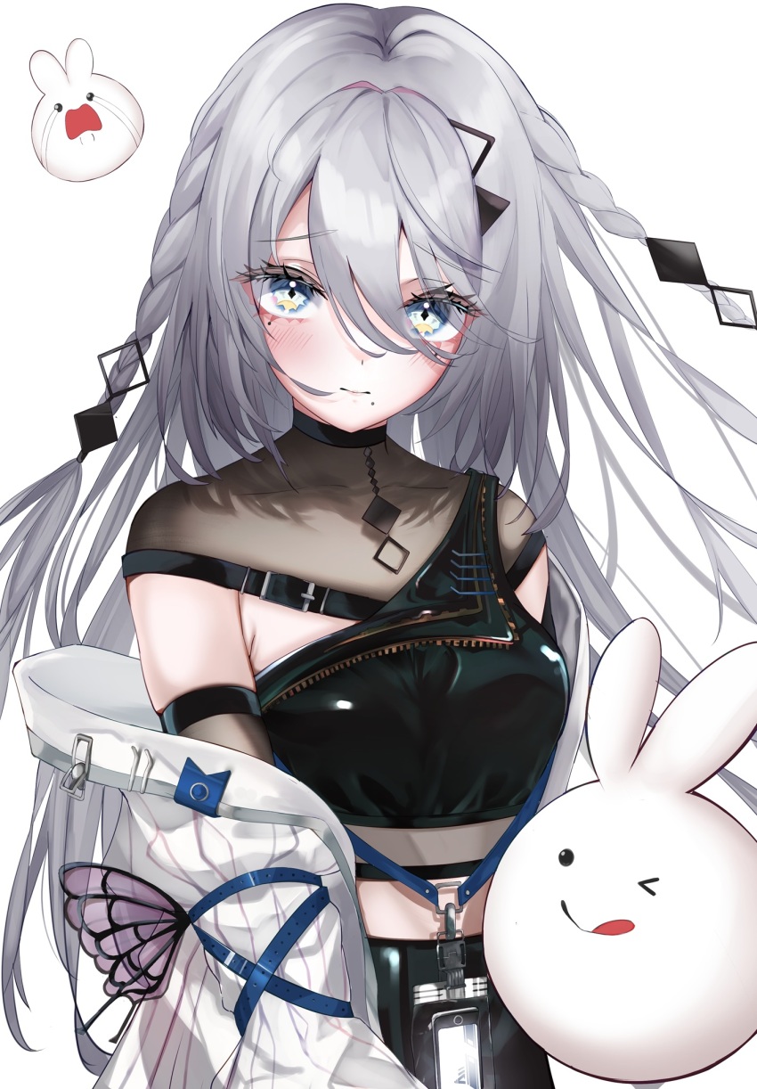 1girl blue_eyes blush braid closed_mouth creature grey_hair highres id_card jacket lanyard long_hair looking_at_viewer mole mole_under_eye mole_under_mouth nijisanji open_clothes open_jacket solo sophia_valentine sophia_valentine_(1st_costume) tsugumiyusa virtual_youtuber white_background