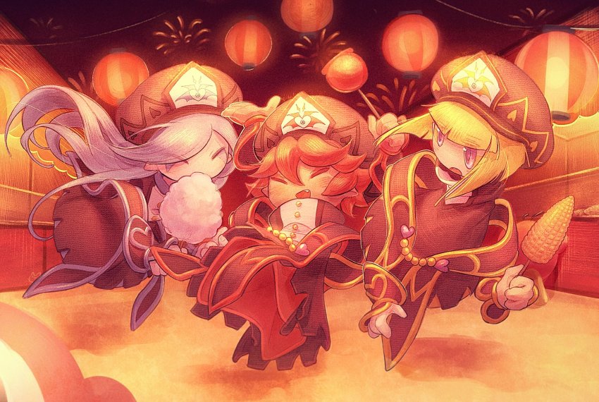 3girls beret blonde_hair blue_eyes blue_hair blunt_bangs candy_apple check_commentary closed_eyes commentary_request corn cotton_candy covered_mouth disembodied_hand eyes_visible_through_hair fang flamberge_(kirby) food francisca_(kirby) hair_over_one_eye hat heart highres holding holding_cotton_candy holding_food insignia kirby_star_allies kirby_(series) lantern long_hair multiple_girls nintendo open_mouth paper_lantern rayman_limbs red_hair short_hair smile somayumi summer_festival uniform very_long_hair zan_partizanne