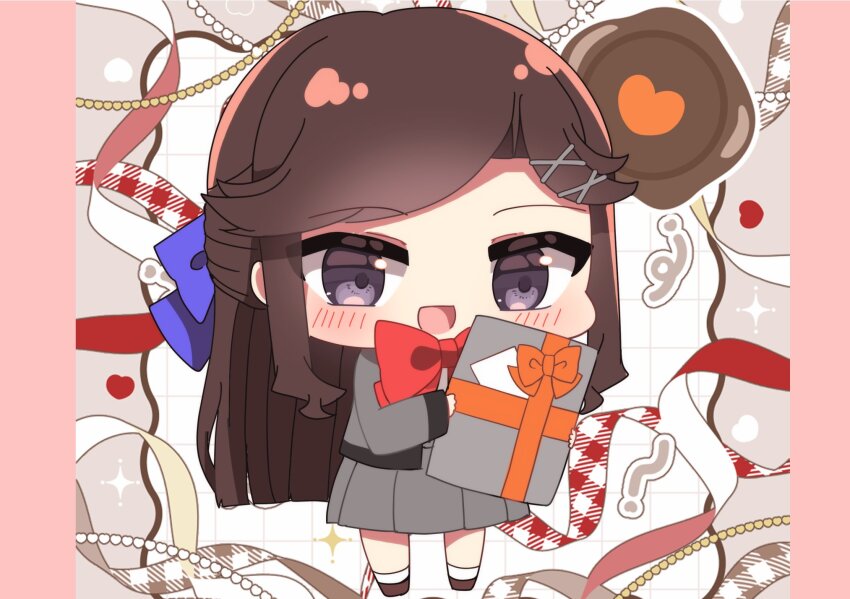1girl :d blue_bow blunt_bangs blush bow bowtie box brown_hair brown_shoes chibi commentary full_body gift gift_box grey_background grey_jacket grey_ribbon grey_skirt grid_background hair_bow hair_ornament half_updo hands_up heart heart_background highres holding holding_gift jacket long_hair looking_at_viewer miniskirt open_clothes open_jacket open_mouth orange_bow parted_bangs pillarboxed plaid_ribbon pleated_skirt purple_eyes red_bow red_bowtie red_ribbon ribbon ringopai315 school_uniform seishou_music_academy_uniform shoes shoujo_kageki_revue_starlight sidelocks skirt smile socks solo sparkle standing tendou_maya two-tone_background very_long_hair white_background white_ribbon white_socks x_hair_ornament