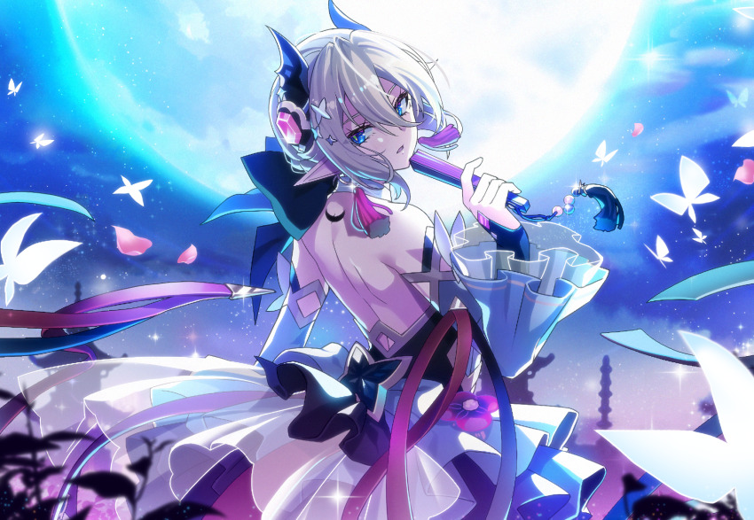 1girl bare_back black_horns blue_eyes breasts bug butterfly detached_collar detached_sleeves dragon_girl dragon_horns dress earrings frilled_dress frilled_sleeves frills from_behind full_moon gem grand_chase grey_hair hair_ornament hand_fan highres holding holding_fan horns insect jewelry lace_trim light_particles looking_back medium_breasts medium_hair moon night night_sky official_alternate_costume official_art petals pointy_ears red_gemstone ribbon see-through_clothes sky slit_pupils solo tassel tassel_earrings tiamat_(grand_chase) tsurime wide_sleeves