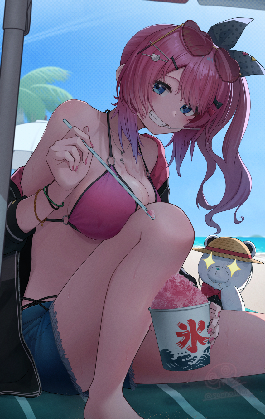1girl absurdres bare_shoulders beach beach_towel bikini black_bow black_jacket black_ribbon blue_eyes blue_shorts blue_sky blush bow bracelet breasts collarbone commentary cup day denim denim_shorts fingernails food gradient_hair grin hair_bow hair_ornament hair_ribbon hairclip heart heart-shaped_eyewear heart_necklace highres holding holding_cup holding_spoon jacket jewelry knee_up kuramochi_meruto large_breasts long_hair looking_at_viewer mouth_hold multicolored_hair multicolored_jacket nail_polish necklace nijisanji o-ring o-ring_bikini ocean outdoors palm_tree parasol pink-tinted_eyewear pink_bikini pink_bow pink_hair pink_jacket pink_nails polka_dot polka_dot_ribbon rene_(kuramochi_meruto) ribbon sand shaved_ice shorts side_ponytail signature sky smile sonnathing spoon sunglasses swimsuit symbol-only_commentary teddy_bear_hair_ornament teeth thighs tinted_eyewear towel tree two-tone_hair two-tone_jacket umbrella virtual_youtuber wristband