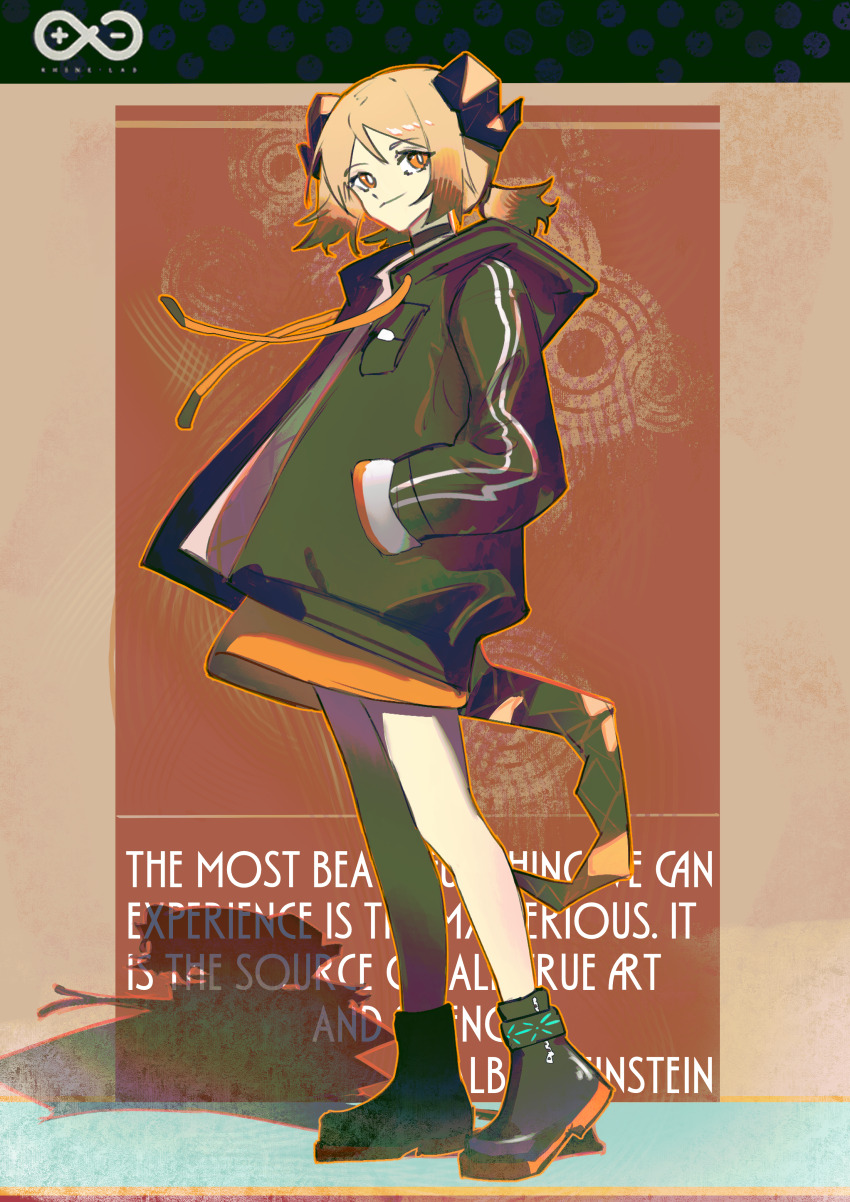absurdres arknights black_shoes blonde_hair bright_pupils brown_horns closed_mouth drawstring english_text full_body green_jacket hands_in_pockets highres hood hood_down hooded_jacket horns ifrit_(arknights) infection_monitor_(arknights) jacket long_sleeves looking_at_viewer orange_eyes orange_outline outline parted_bangs peemy rhine_lab_logo shadow shoes short_hair smile standing white_pupils