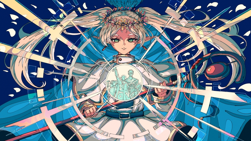 1girl 3boys absurdres artdroiiid_ii belt belt_buckle blue_background buckle capelet closed_mouth cowboy_shot earrings eisen_(sousou_no_frieren) elf floating_clothes floating_hair frieren green_eyes head_wreath heiter highres himmel_(sousou_no_frieren) holding holding_staff jacket jewelry long_hair mage_staff magic multiple_boys parted_bangs pointy_ears simple_background skirt smile solo_focus sousou_no_frieren staff teardrop_earrings twintails white_capelet white_hair white_jacket white_skirt
