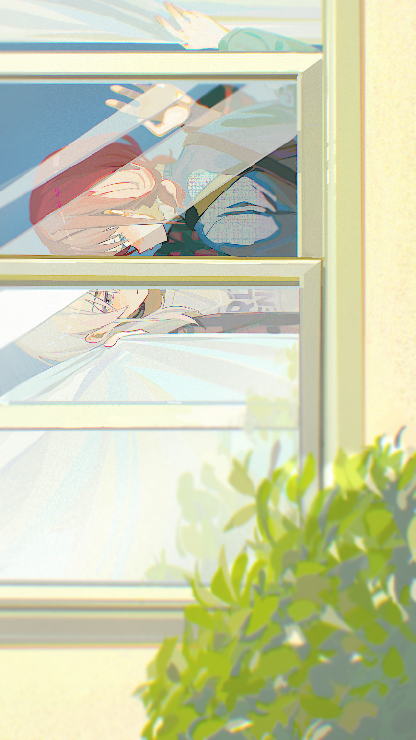 2girls absurdres black_skirt blue_eyes blue_shirt blush commentary day from_outside girls_band_cry grey_eyes grey_hair highres indoors iseri_nina kabedon kawaragi_momoka long_hair multiple_girls red_hair shirt short_twintails sideways skirt suspender_skirt suspenders twintails window ydpfa yuri