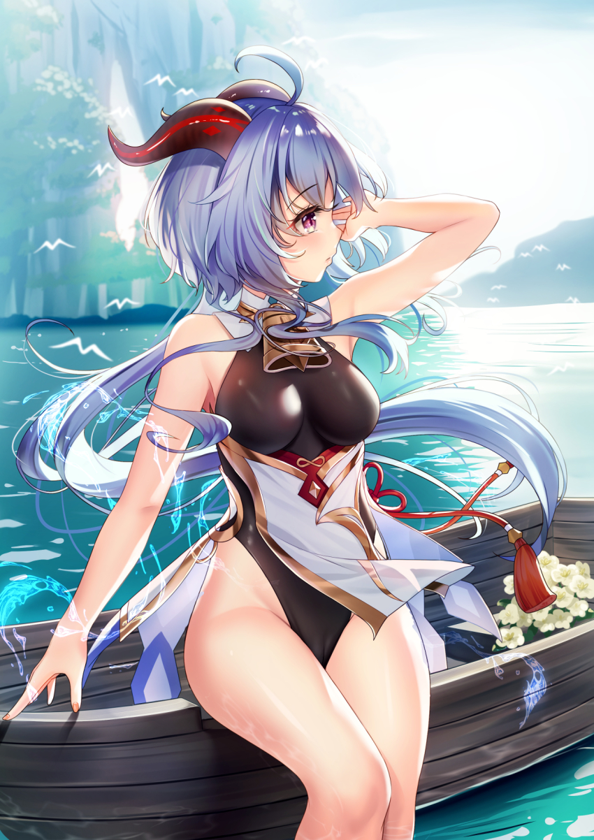 1girl ahoge arm_up bare_legs bare_shoulders bell bird black_leotard blue_hair breasts cameltoe canoe chinese_knot flower flower_knot ganyu_(genshin_impact) genshin_impact goat_horns gold_trim highres horns leotard long_hair looking_to_the_side medium_breasts neck_bell outdoors purple_eyes qingxin_flower sidelocks sitting solo tassel thighs waist_cape water white_flower yan_(nicknikg)
