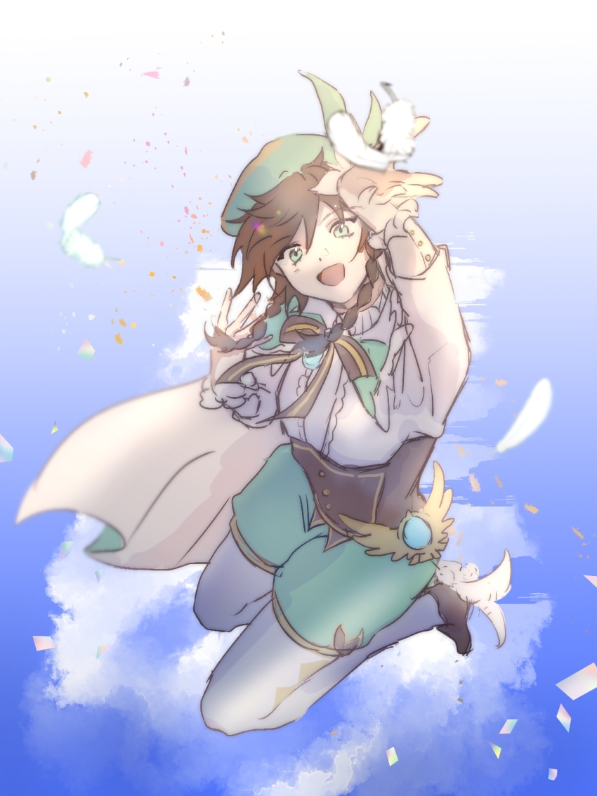 1boy :d androgynous bard beret blue_background braid cape chinese_commentary corset feathers flower genshin_impact gradient_hair green_cape green_hat green_shorts hat hat_flower highres male_focus multicolored_hair open_mouth shiba_(manbai_cnm) short_hair_with_long_locks shorts side_braids smile solo twin_braids venti_(genshin_impact) vision_(genshin_impact) white_feathers