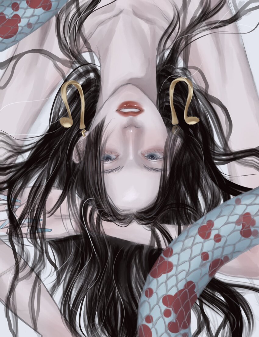 1girl arms_up black_hair blue_eyes blue_nails boa_hancock commentary earrings english_commentary fingernails from_above highres jewelry long_fingernails long_hair looking_to_the_side lying on_back one_piece parted_lips red_lips rihirihi613 salome_(one_piece) snake snake_earrings