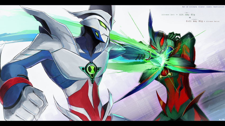 2boys alien ben_10 ben_10:_alien_force building clenched_hand color_timer colored_skin cosplay crossover dai-kaijuu_battle_ultra_ginga_densetsu_the_movie detached_horns giant glowing glowing_eyes green_eyes highres horns jcstr multicolored_skin multiple_boys omnitrix tokusatsu ultra_galaxy_(series) ultra_series ultraman_belial ultraman_belial_(cosplay) ultraman_geed_(series) ultraman_zero ultraman_zero_(cosplay) ultraman_zero_the_movie_choukessen!_belial_ginga_teikoku way_big