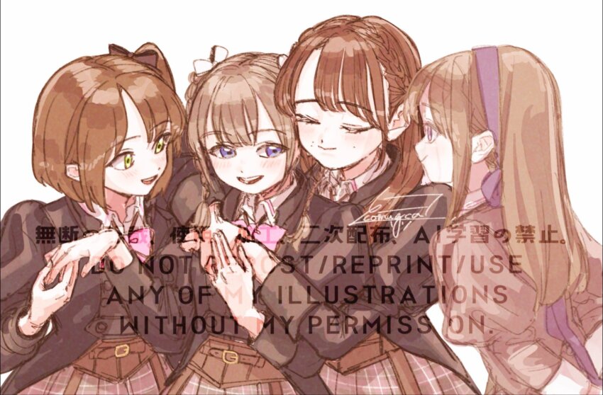 4girls amamiya_sophia_seren arm_around_shoulder arm_behind_back artist_name assault_lily belt belt_buckle blue_eyes bow bowtie braid brown_belt brown_bow brown_hair brown_jacket brown_skirt buckle closed_eyes closed_mouth collared_shirt commentary_request corset crown_braid fading fukuyama_jeanne_sachie girl_sandwich green_eyes hair_bow hair_ribbon hairband hand_on_another&#039;s_hand hand_up hands_up heads_together highres holding_hands hug hug_from_behind jacket juliet_sleeves kishimoto_lucia_raimu kishimoto_maria_mirai komuzuka long_hair long_sleeves looking_at_another looking_at_viewer looking_to_the_side ludvico_private_girls&#039;_academy_school_uniform mole mole_above_mouth mole_on_cheek multiple_girls one_side_up parted_lips pink_bow pink_bowtie plaid_clothes plaid_skirt profile puffy_sleeves purple_eyes purple_hairband purple_ribbon ribbon sandwiched school_uniform shirt short_hair siblings side-by-side signature simple_background sisters skirt smile standing teeth twin_braids twintails upper_body upper_teeth_only watermark white_background white_ribbon white_shirt