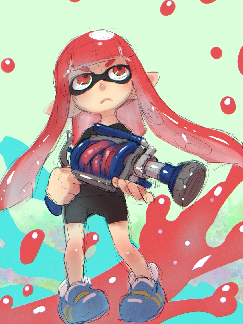 1girl bare_legs blue_shoes blunt_bangs closed_mouth female_focus full_body gun highres holding holding_gun holding_weapon inkling_girl inkling_player_character long_hair looking_to_the_side nintendo red_eyes red_hair shoes sidelocks sketch solo soon_(c-u-soon) splatoon_(series) standing tentacle_hair weapon