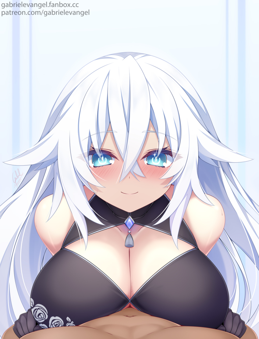 1boy 1girl artist_name bare_shoulders black_dress black_gloves black_heart_(neptunia) blue_eyes blush breast_press breasts choujigen_game_neptune cleavage cleavage_cutout closed_mouth clothed_female_nude_male clothing_cutout collarbone dress gabriel_evangel girl_on_top gloves hair_between_eyes hair_flaps hetero highres large_breasts long_hair looking_at_viewer navel neptune_(series) nude pov power_symbol-shaped_pupils sleeveless sleeveless_dress smile solo_focus symbol-shaped_pupils watermark web_address white_hair