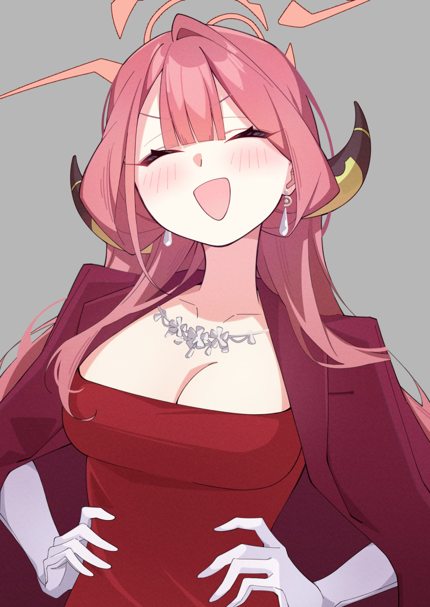 1girl absurdres aru_(blue_archive) aru_(dress)_(blue_archive) blue_archive blush breasts cleavage closed_eyes coat coat_on_shoulders dress earrings elbow_gloves gloves halo highres horns jewelry kafueore large_breasts long_hair necklace open_mouth pink_hair red_coat red_dress smile solo white_gloves