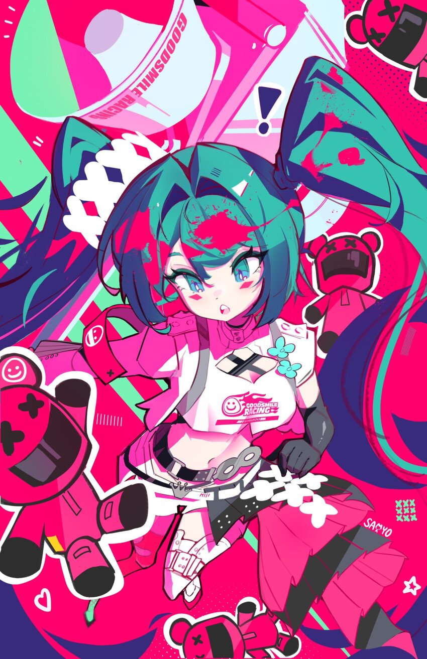 1girl animal_ears aqua_eyes aqua_hair bear_ears belt blush_stickers elbow_gloves gloves goodsmile_racing hatsune_miku high_contrast highres long_hair megaphone midriff open_mouth racing_miku racing_miku_(2025) samyo shorts solo stuffed_toy teeth twintails upper_teeth_only vocaloid x_x