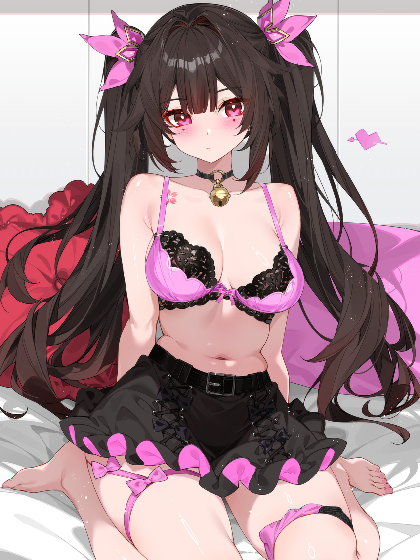 1girl barefoot bell belt black_belt black_bow black_choker black_hair black_skirt bow bow_bra bra breasts choker closed_mouth collarbone flower_tattoo hair_between_eyes hair_intakes hair_ornament highres honkai:_star_rail honkai_(series) indoors jingle_bell large_breasts long_hair looking_at_viewer navel neck_bell on_bed pillow pink_bow pink_bra pink_eyes pink_nails sitting skirt solo sparkle_(honkai:_star_rail) tattoo thighs twintails underwear waterring