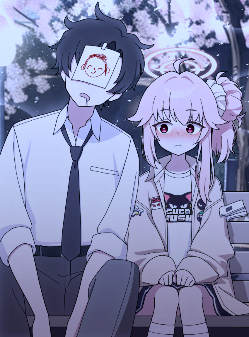 1boy 1girl absurdres ahoge bench blue_archive blush drooling hair_bun highres loose_necktie natsu_(band)_(blue_archive) natsu_(blue_archive) necktie night official_alternate_costume open_mouth pink_hair red_eyes saliva sensei_(blue_archive) sensei_(blue_archive_the_animation) shirt single_side_bun skirt sleeves_rolled_up sweatdrop vector_(dmlddmld00) white_shirt