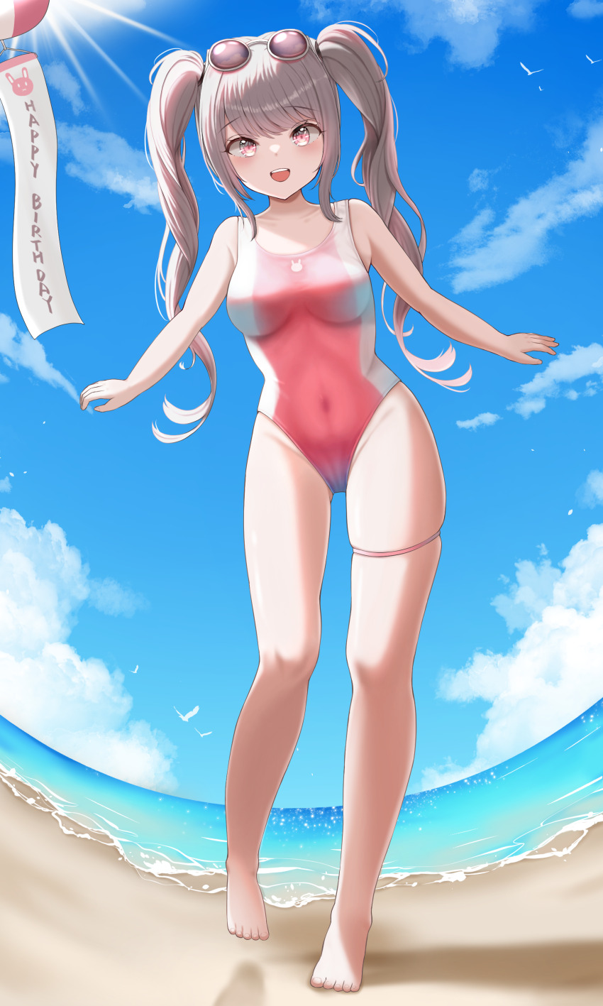 1girl absurdres alice_(nikke) beach blue_sky breasts cloud day eyewear_on_head goddess_of_victory:_nikke grey_hair highleg highleg_one-piece_swimsuit highres horizon long_hair medium_breasts ocean one-piece_swimsuit outdoors pink_eyes sand sidelocks sky smile solo swimsuit twintails two-tone_swimsuit water yomining