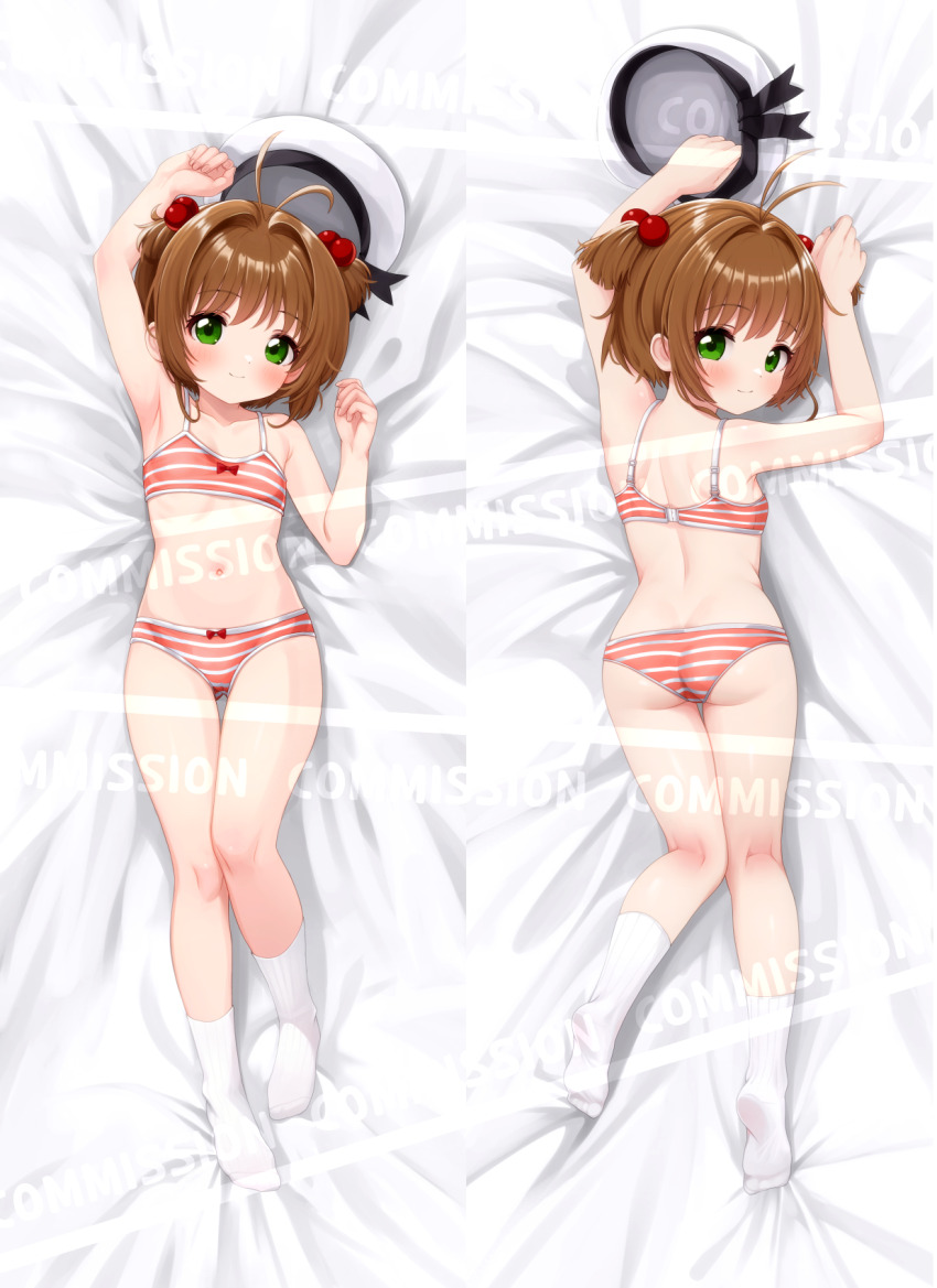 1girl ass bra brown_hair cardcaptor_sakura comodox dakimakura_(medium) green_eyes hair_ornament hat highres kinomoto_sakura loli lying multiple_views panties sample_watermark socks striped_bra striped_clothes striped_panties underwear underwear_only unworn_headwear watermark