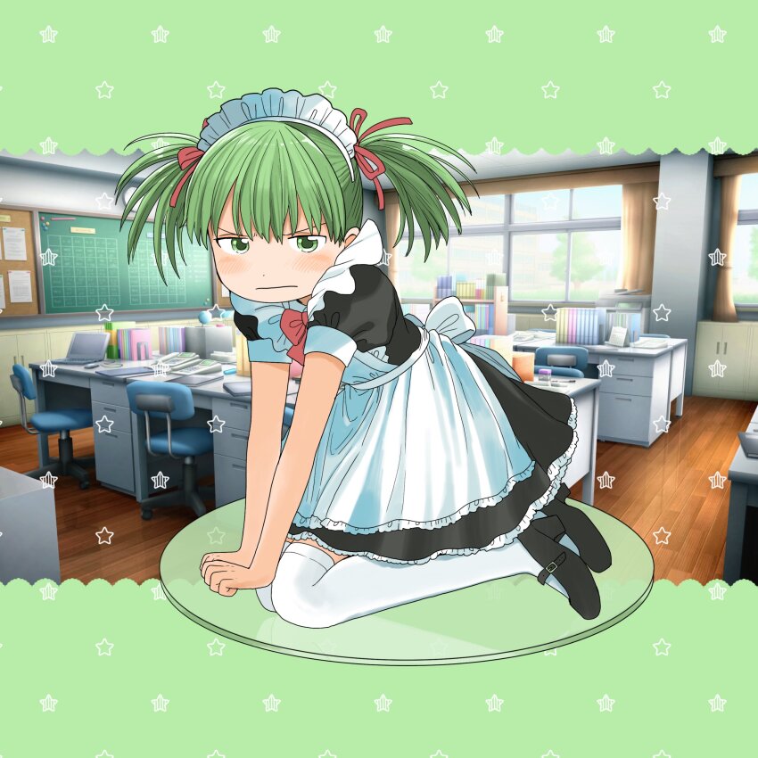 1girl 3d_background absurdres angry apron black_dress black_shoes blush bow bowtie closed_mouth dot_nose dress figure figure_stand full_body green_eyes green_hair hair_ornament hair_ribbon highres kneeling maid maid_apron maid_headdress mary_janes nagomurasan original puffy_short_sleeves puffy_sleeves red_bow red_bowtie red_ribbon ribbon shoes short_hair short_sleeves short_twintails solo swept_bangs thighhighs twintails white_apron white_thighhighs