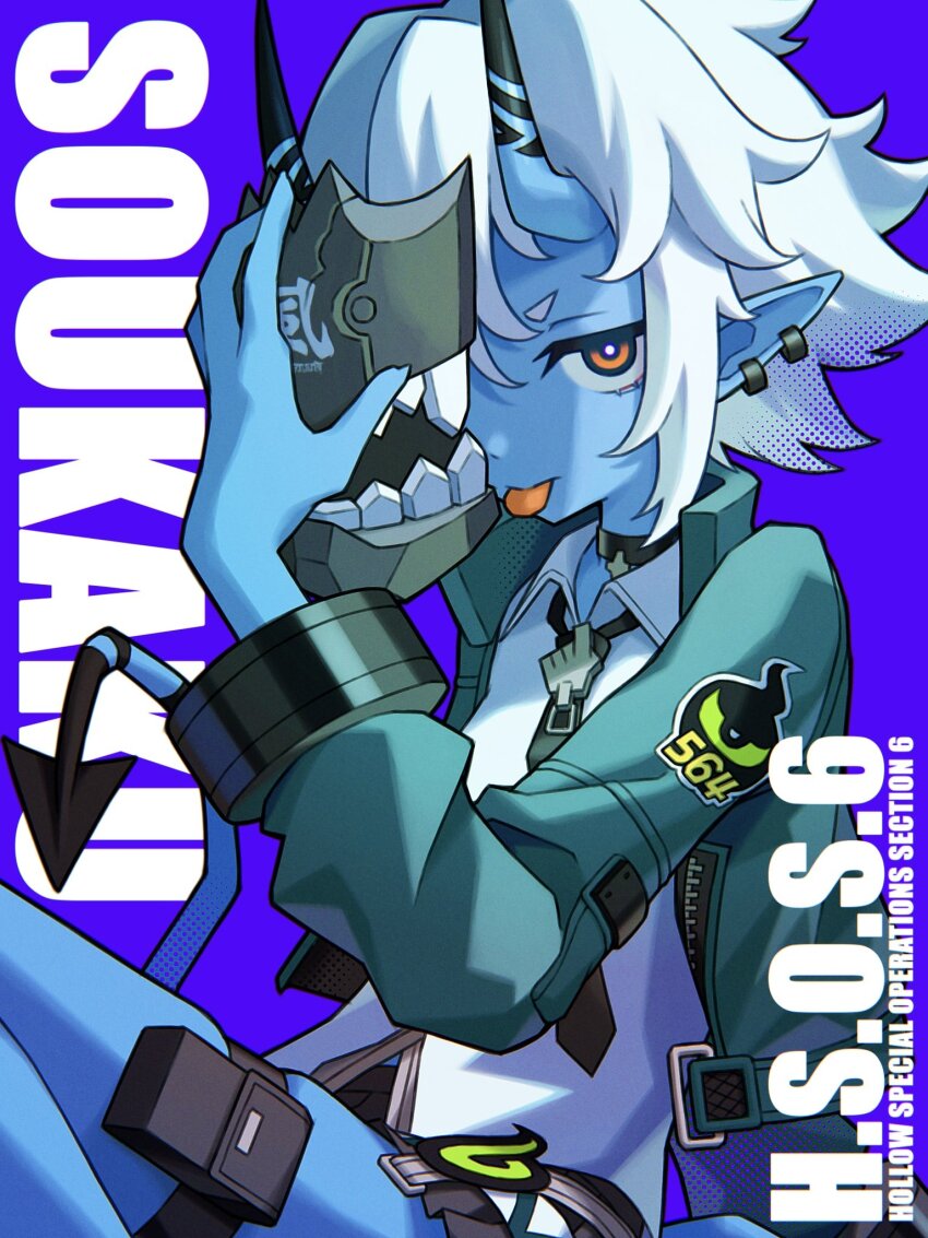 1girl aqua_jacket black_necktie black_skirt blue_background blue_horns blue_oni blue_skin blue_tail bright_pupils collar colored_skin cuffs earrings hair_between_horns hand_on_mask highres horns jacket jewelry looking_at_viewer mask multicolored_horns necktie oni pointy_ears red_eyes shirt skin-covered_horns skirt solo soukaku_(zenless_zone_zero) thigh_strap tongue tongue_out two-tone_horns two-tone_tail white_hair white_pupils white_shirt zenless_zone_zero zito_(zito222)