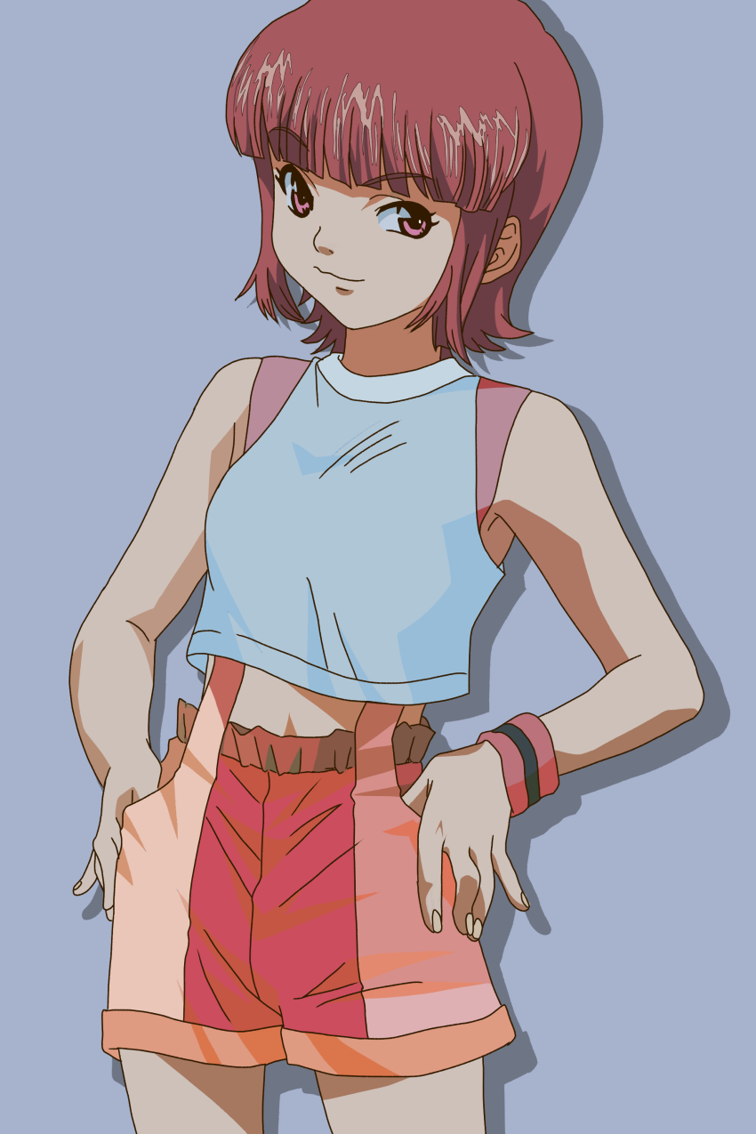 1girl absurdres azusagawa_mizuno brown_eyes brown_hair cat_higeo crop_top highres looking_at_viewer midriff shirt short_hair shorts simple_background sleeveless sleeveless_shirt solo standing thumbs_in_pockets wristband yakitate!!_japan