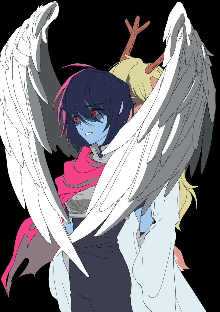 1girl 1other absurdres angel_wings antlers armor black_background blonde_hair blue_hair blue_skin breastplate cape colored_skin covered_face cowboy_shot deer_antlers deltarune feathered_wings highres horns kris_(dark_world)_(deltarune) kris_(deltarune) long_hair noelle_holiday noelle_holiday_(dark_world) pink_cape red_eyes robe shaded_face short_hair simple_background standing sukhee_pk tearing_up white_robe white_wings wing_hug wings