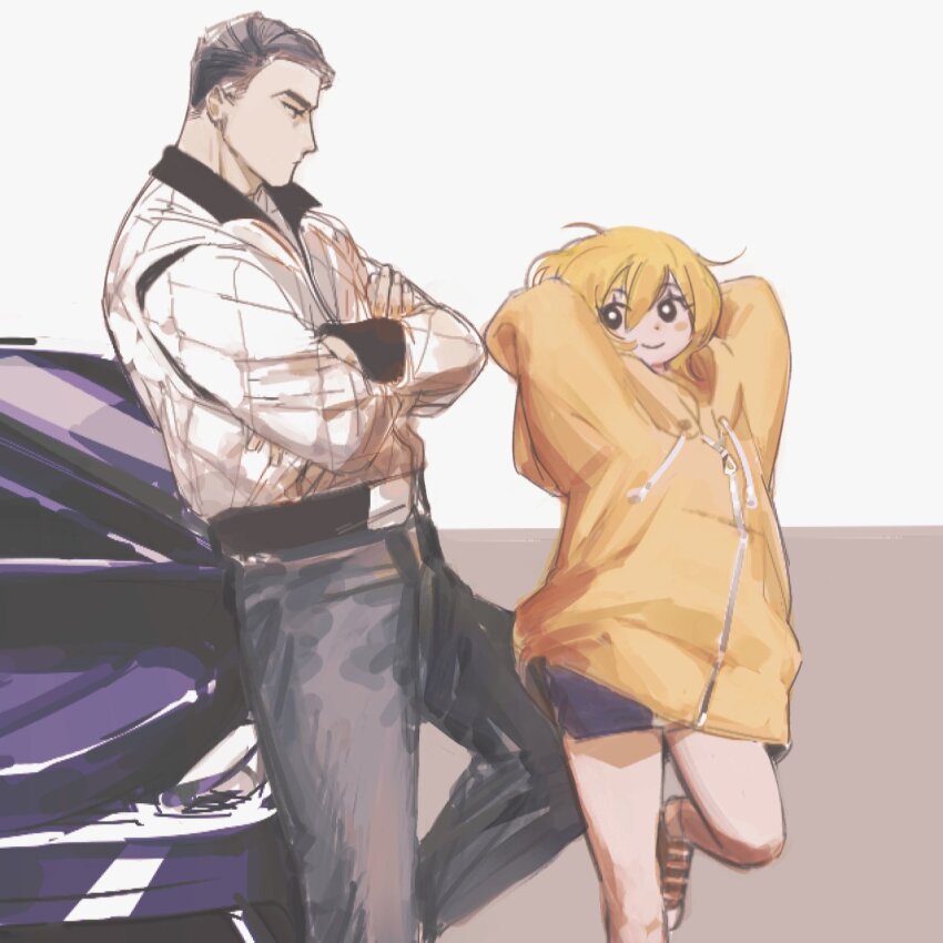 1boy 1girl belt black_hair blonde_hair car crossed_arms don_quixote_(project_moon) expressionless highres jacket leaning_against_vehicle leaning_on_object leg_up limbus_company meursault_(project_moon) motor_vehicle project_moon short_hair shorts smile standing standing_on_one_leg wenli