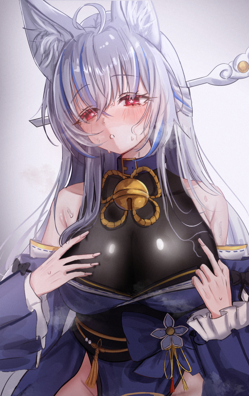 1girl :o absurdres animal_ear_fluff animal_ears armpit_crease bare_shoulders bell belt_collar blue_bow blue_hair blue_kimono blush bow breasts breath cleavage collar commentary_request commission detached_sleeves flower-shaped_pupils flower_knot flower_ornament fox_ears hair_between_eyes hair_ornament hair_stick half_updo hands_on_own_chest highres japanese_clothes jingle_bell kim_geubung kimono korean_commentary long_hair long_sleeves looking_to_the_side multicolored_hair neck_bell obi original pelvic_curtain red_eyes sash sleeveless sleeveless_kimono solo streaked_hair sweat symbol-shaped_pupils tassel waist_bow white_background white_hair