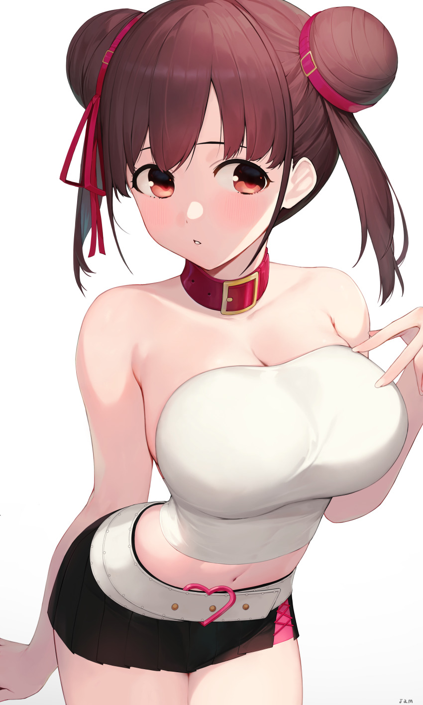 1girl absurdres arm_behind_back bare_shoulders wallet_chain black_skirt breasts cleavage cowboy_shot double_bun hair_bun highres idolmaster idolmaster_shiny_colors jam_(nandade) large_breasts leaning_forward midriff miniskirt navel parted_lips pleated_skirt red_eyes shirt simple_background skirt solo sonoda_chiyoko strapless tareme tight_clothes tight_shirt tube_top white_background white_shirt