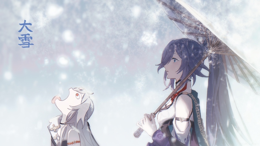 2girls arsum0731 blue_eyes china_dress chinese_clothes chinese_commentary commentary detached_sleeves dress from_side fu_hua herrscher_of_sentience goku_and_vegeta_in_the_rain_(meme) grey_hair highres holding holding_umbrella honkai_(series) honkai_impact_3rd long_hair looking_up meme multiple_girls open_mouth parasol parted_lips red_eyes sleeveless sleeveless_dress snowing tongue tongue_out translated umbrella very_long_hair white_dress