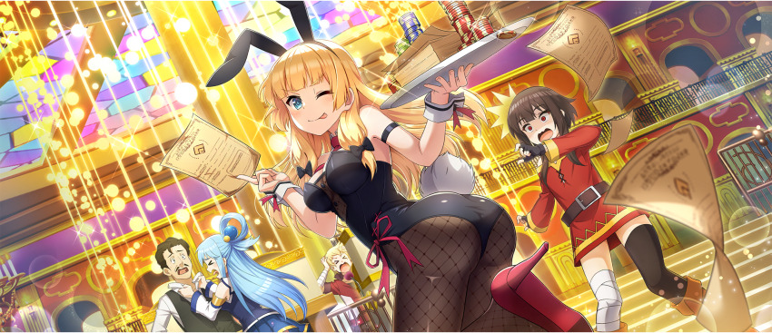 &gt;_&lt; 2boys 3girls ;p animal_ear_hairband animal_ears aqua_(konosuba) arm_strap armpit_crease ass bandaged_leg bandages bare_shoulders belt black_bow black_gloves black_leotard black_thighhighs blonde_hair blue_eyes blue_hair blue_shirt blue_skirt blunt_bangs bow breasts brochure brown_belt brown_hair casino cecily_(konosuba) clothing_cutout collar detached_collar dress dust_(konosuba) fake_animal_ears fake_tail fingerless_gloves fishnet_leotard fishnet_pantyhose fishnets from_below game_cg gloves hair_bow hair_rings hairband hands_up high_heels highres holding holding_paper holding_tray indoors kono_subarashii_sekai_ni_shukufuku_wo! konosuba!_fantastic_days large_breasts leg_up leotard long_hair looking_at_viewer low-tied_sidelocks megumin miniskirt multiple_boys multiple_girls neckerchief off-shoulder_dress off_shoulder official_alternate_costume official_art one_eye_closed open_mouth pantyhose paper playboy_bunny poker_chip pumps rabbit_ear_hairband rabbit_ears rabbit_tail red_dress red_eyes red_footwear red_neckerchief shaded_face shirt short_dress short_hair short_hair_with_long_locks sidelocks single_hair_ring single_thighhigh skirt sleeveless sleeveless_shirt standing standing_on_one_leg strapless strapless_leotard tail thighhighs thighs tongue tongue_out tray underboob_cutout v-shaped_eyebrows white_collar white_wrist_cuffs wide-eyed wrist_cuffs